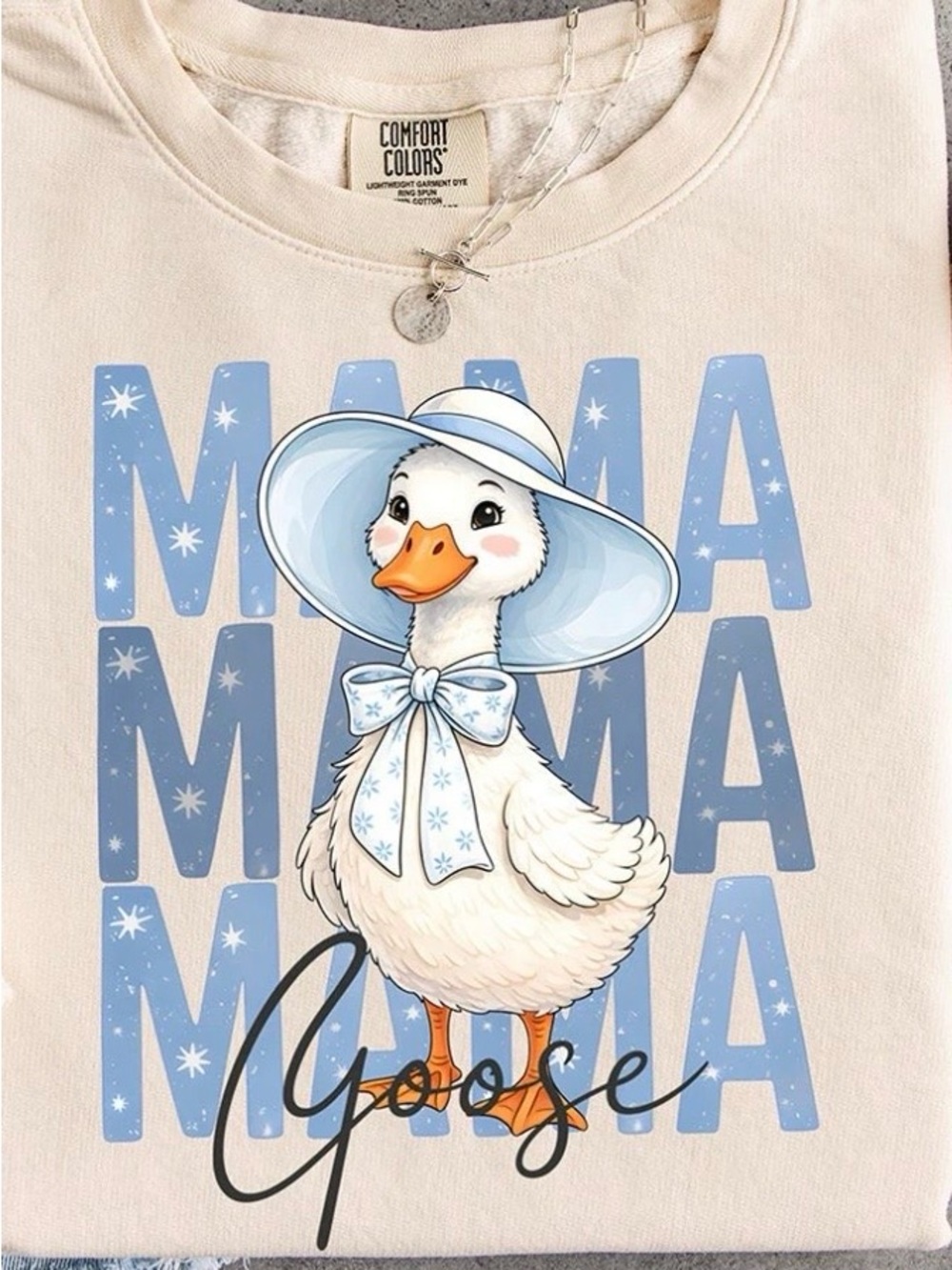 Comfort Colors Cream Tee with Blue Mama Goose Graphic
